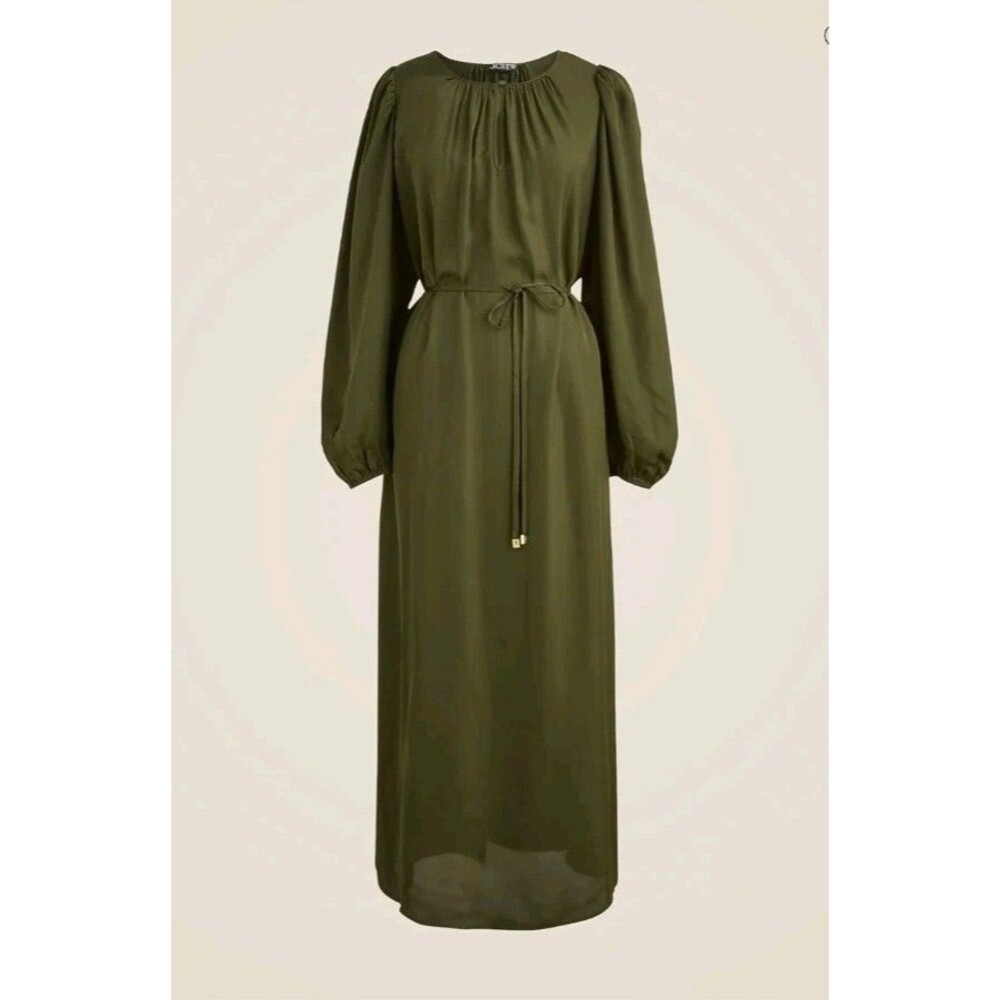 J.CREW Drapey Tie Waist Dress Midi Olive Green Long Sleeves CN612 Size XS NWT